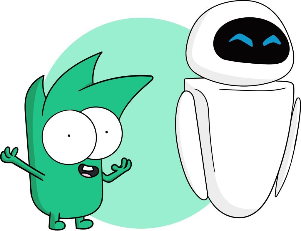 Image d'un pierre accompagné par le personnage d'Eve dans le film Wall E